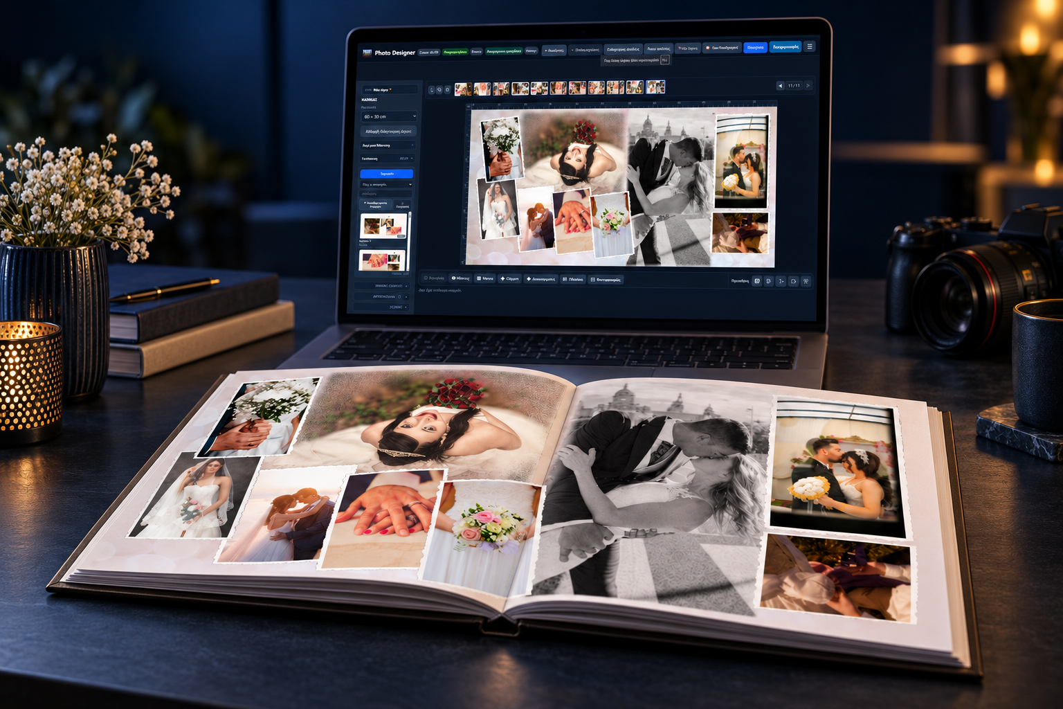 Photo Designer σε laptop και το ολοκληρωμένο φωτογραφικό άλμπουμ